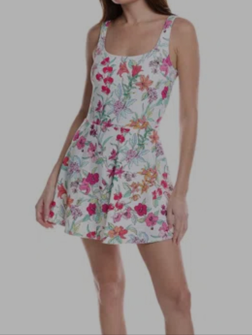 Floral Scoop Neck Mini Dress in White with Pink & Green Print